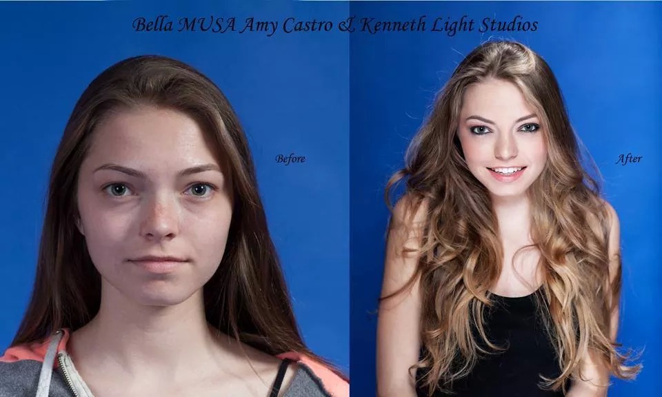 Before and after portrait showing the difference, professional makeup makes for both men and women before a studio portrait photography session.